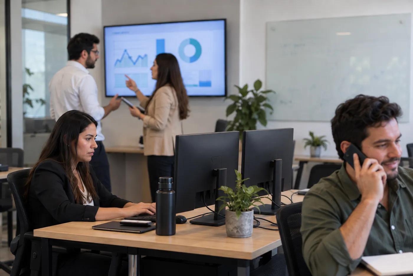 Equipo de ventas trabajando en una oficina ordenada, con un tablero de indicadores en pantalla.