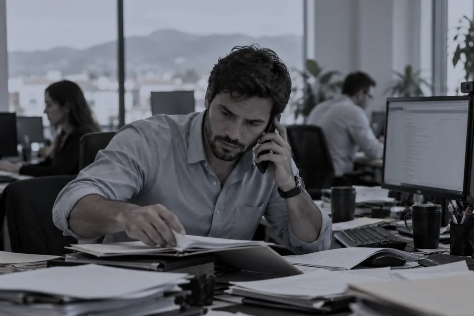 Vendedor hablando por teléfono mientras busca entre papeles y carpetas en un escritorio saturado.
